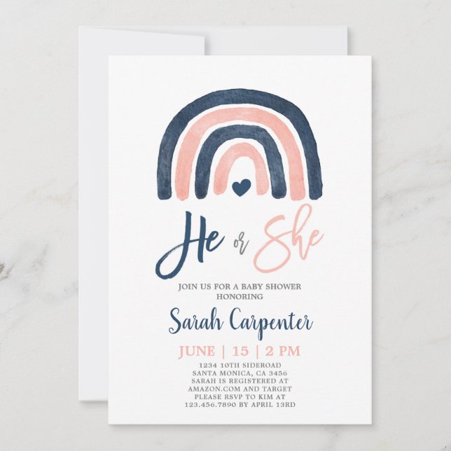 Convite Gênero Revelar chá azul-arco-íris e rosa (Frente)