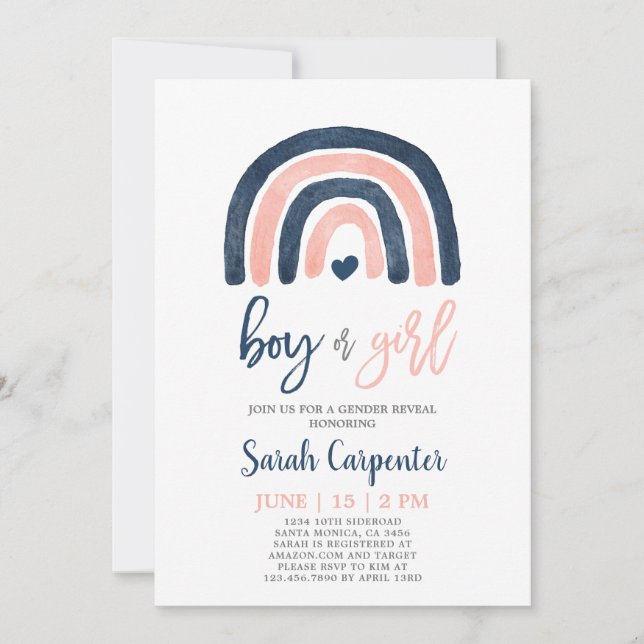 Convite Gênero Revelar marinho arco-íris chá azul e rosa (Frente)