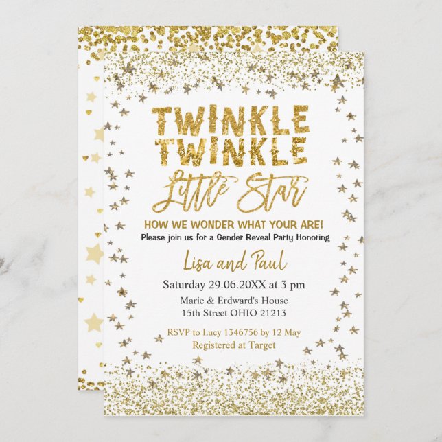 Convite Gênero Revelar Pequeno Chá de fraldas de Estrelas  (Frente/Verso)