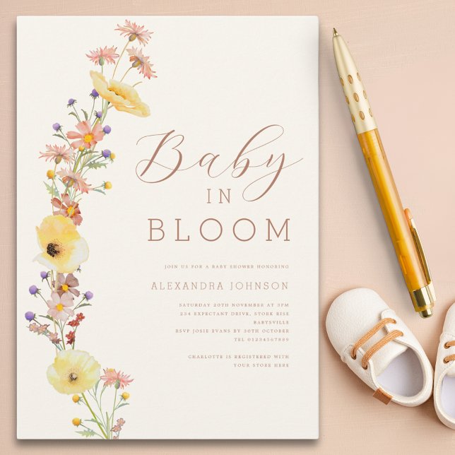 Convite Gênero selvagem Chá de fraldas neutro de queda (Baby in bloom elegant watercolor wildflowers baby shower invitation )