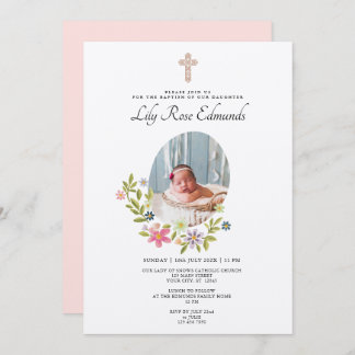 Convite Gentle Pink Floral Baptism Invitation