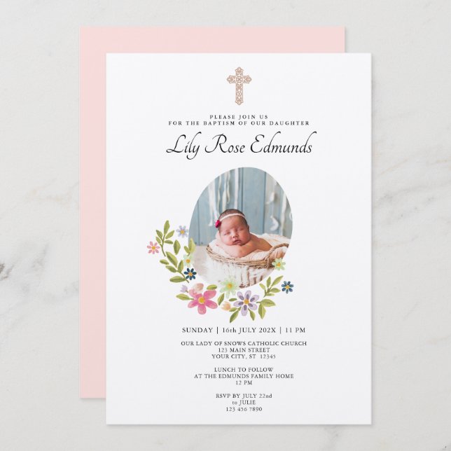 Convite Gentle Pink Floral Baptism Invitation (Frente/Verso)