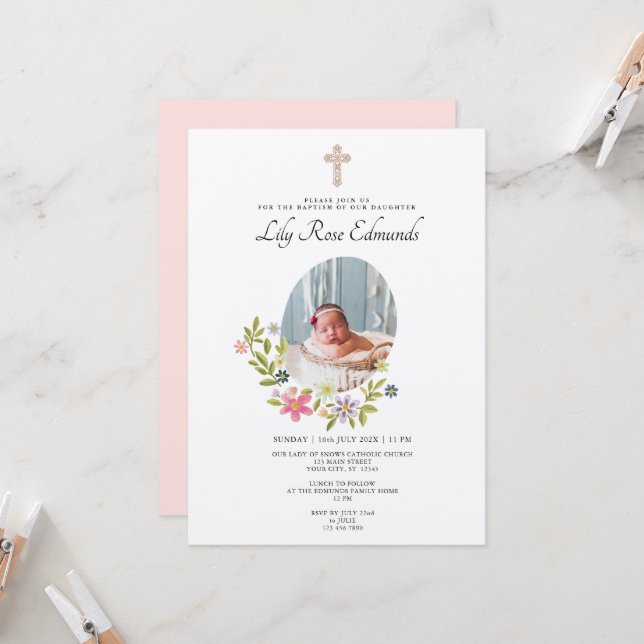 Convite Gentle Pink Floral Baptism Invitation (Frente/Verso In Situ)