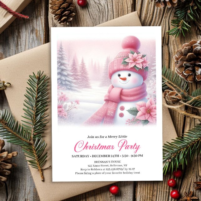 Convite Gentle Pink Snowman Editable Christmas Invite  (Gentle Pink Snowman Editable Christmas Invite Digital File)
