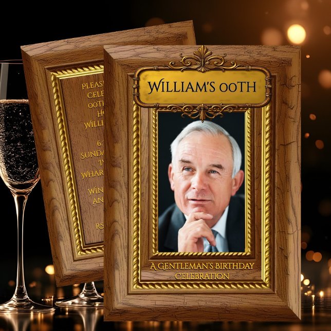 Convite Gentlemen Elegant Rustic Gold Wood Photo Birthday (Criador carregado)