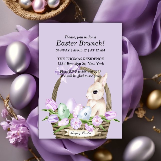Convite Gentny Bunny Watercolor Páscoa Brunch (Lilac Watercolor Easter Bunny Brunch Invitation)
