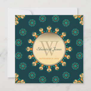 Convite Geo Gems Circle Monograma Teal Dourado Casamento