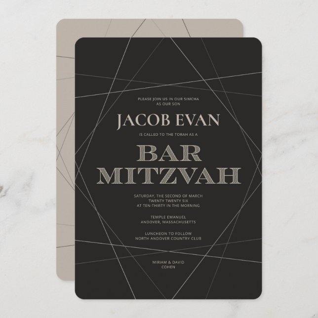 Convite Geo Modern Silver Bar Mitzvah (Frente/Verso)