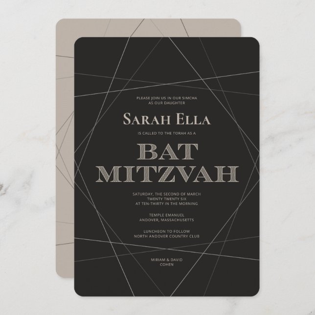 Convite Geo Modern Silver Bat Mitzvah (Frente/Verso)