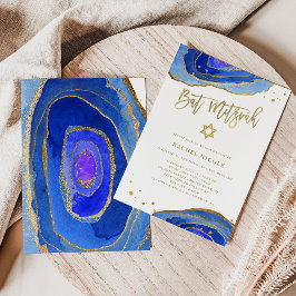 Convite Geode Azul com Cor da Água com Dourado | Bat Mitzv