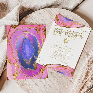 Convite Geode rosa e azul com Dourado  Bat Mitzvah