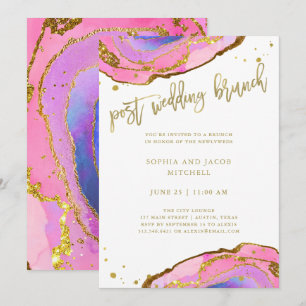 Convite Geodo Rosa e Azul com Brunch Poste Dourado