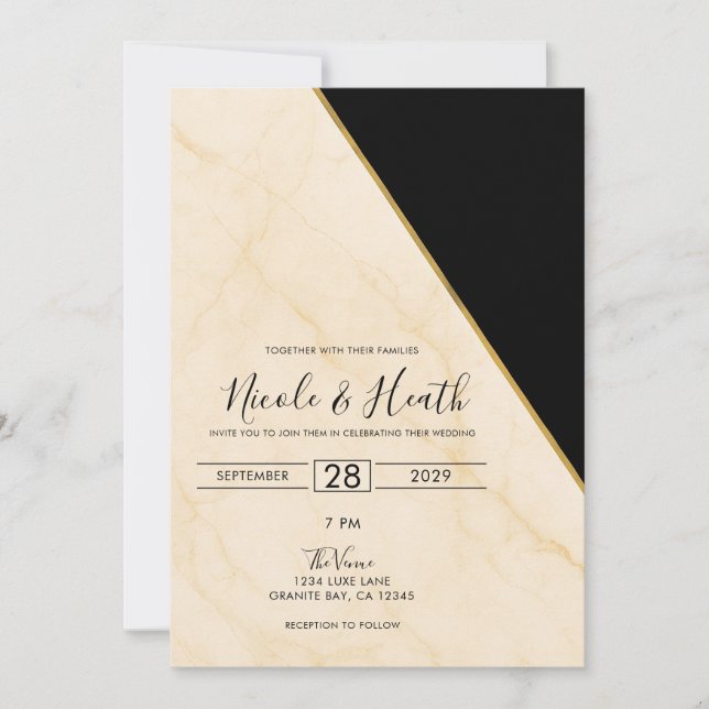 Convite Geometria Dourada Luxo Marmore Ivory e Dourado Con (Frente)