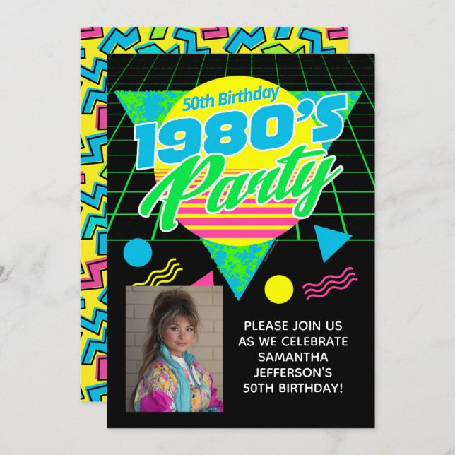 Convite Geometric 1980s 80s 50th Photo Birthday Party (Frente/Verso)