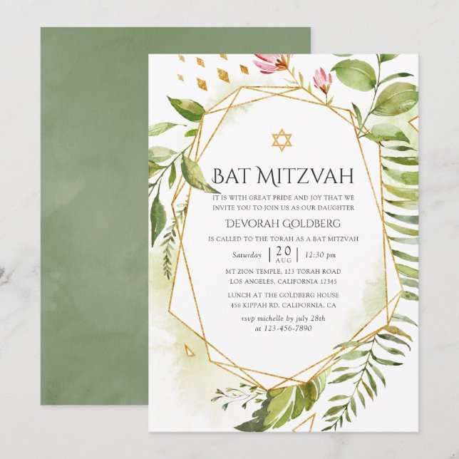 Convite Geometric Crystal Greenery Bat Mitzvah (Frente/Verso)