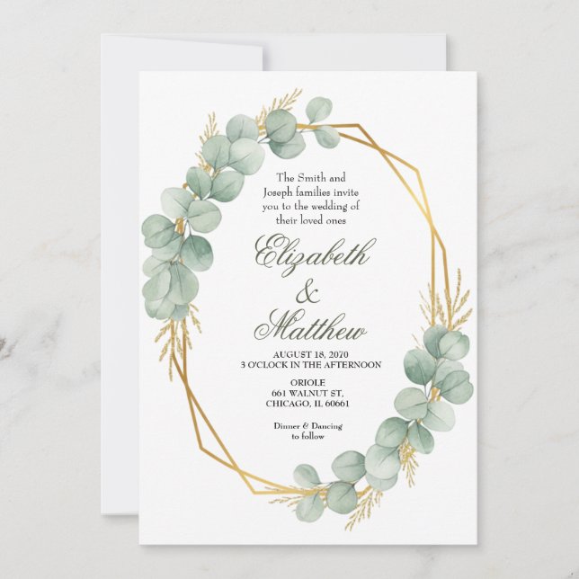 Convite Geometric Gold Eucalyptus Wreath Wedding  (Frente)