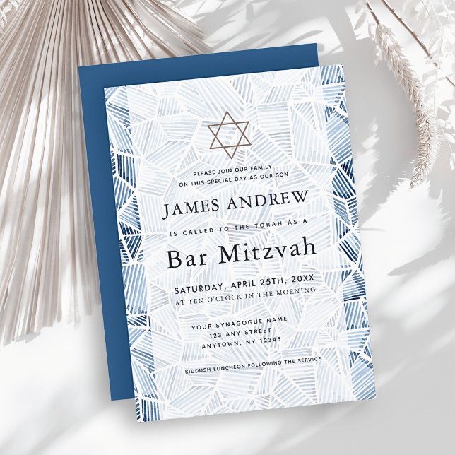 Convite Geometric Indigo Pattern Watercolor Bar Mitzvah (Criador carregado)