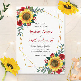 Convite Geometric Sunflower Red Roses Floral Wedding