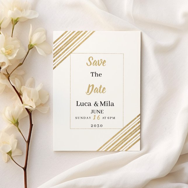 Convite Geometric white and gold typography Save the Date (Geometric white and gold typography Save the Date)