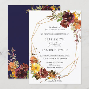 Convite Geométrica de Casamento Floral Amarelo-Russo