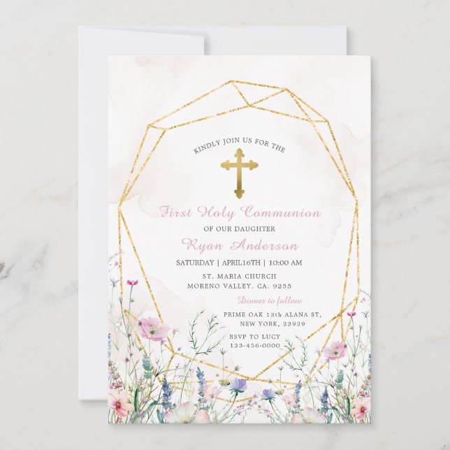 Convite Geométrica de Wildflower Primeira Comunhão Sagrada (Frente)