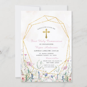 Convite Geométrica de Wildflower Primeira Comunhão Sagrada