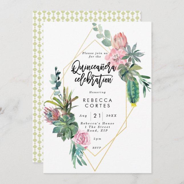 Convite Geométrica do cacto 15 da Quinceanera (Frente/Verso)