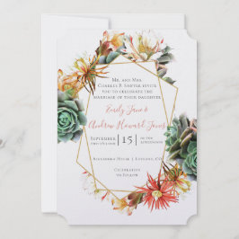 Convite Geométrica Dourada Suculenta de Cactus no Deserto