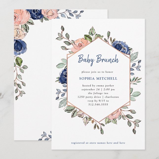 Convite Geométrica Floral Rosa e Azul| Baby Brunch (Frente/Verso)