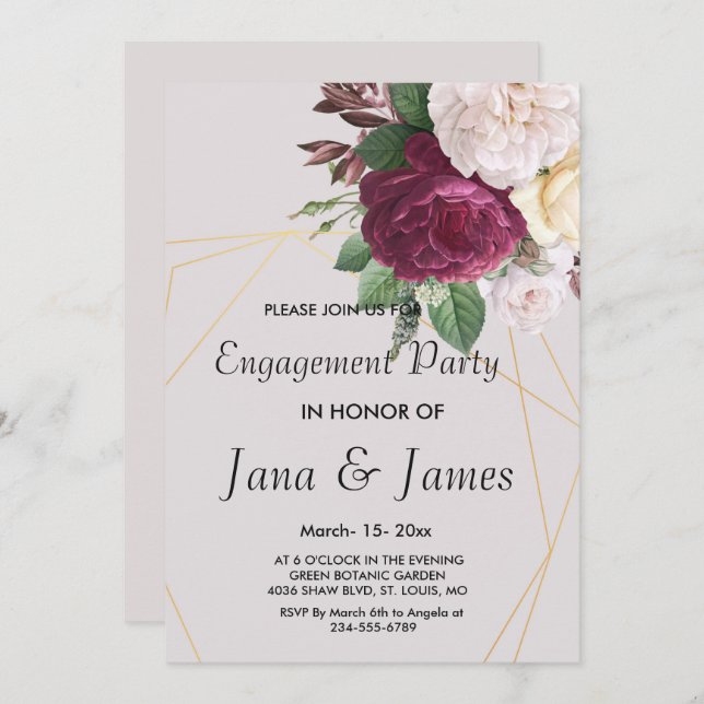 Convite geométrico ao Noivado Elegante (Frente/Verso)