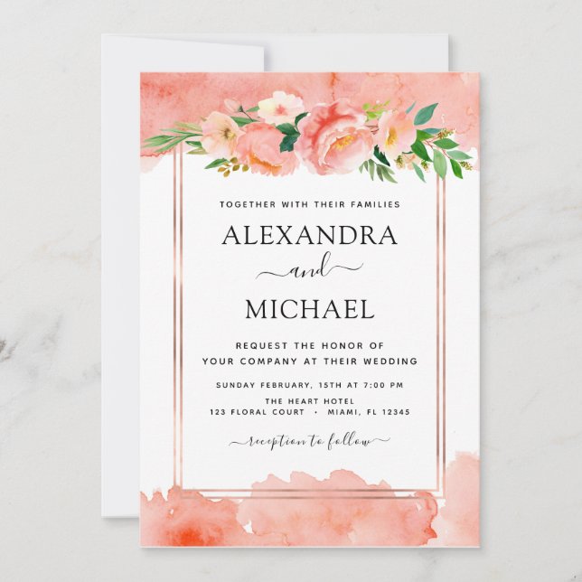 Convite Geométrico Coral Peach Floral (Frente)