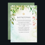 Convite Geométrico Crystal Greenery Bat Mitzvah<br><div class="desc">Trendy greenery bat mitzvah convida com moldura geométrica dourada e lavagem de cor d'água verde sage inversa projetada para ser rápida e facilmente personalizada de acordo com as especificações de seu evento.</div>