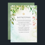 Convite Geométrico Crystal Greenery Bat Mitzvah<br><div class="desc">Trendy greenery bat mitzvah convida com moldura geométrica dourada e lavagem de cor d'água verde sage inversa projetada para ser rápida e facilmente personalizada de acordo com as especificações de seu evento.</div>