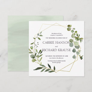 Convite Geométrico de Casamento Eucalyptus Dourado