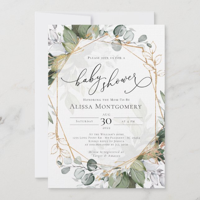 Convite Geométrico Dourado ao Chá de fraldas Verde (Frente)