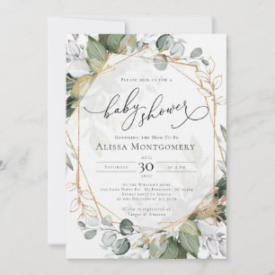 Convite Geométrico Dourado ao Chá de fraldas Verde