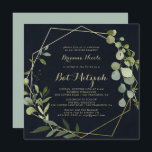 Convite Geométrico Dourado - Bat Mitzvah - Caligrafia Verd<br><div class="desc">Este convite de morcego mitzvah verde-azul-geométrico é perfeito para um simples bat mitzvah. A design apresenta lindas folhas verdes pintadas manualmente em um fundo azul escuro,  enfeitando uma armação geométrica dourada.</div>