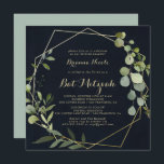 Convite Geométrico Dourado - Bat Mitzvah - Caligrafia Verd<br><div class="desc">Este convite de morcego mitzvah verde-azul-geométrico é perfeito para um simples bat mitzvah. A design apresenta lindas folhas verdes pintadas manualmente em um fundo azul escuro,  enfeitando uma armação geométrica dourada.</div>