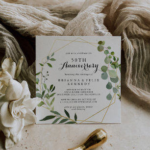 Convite Geométrico Dourado Tropical 50º Aniversário de Cas