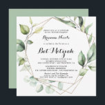 Convite Geométrico Elegante Dourado Greenery Bat Mitzvah<br><div class="desc">Este convite geométrico elegante do morcego mitzvah de ouro é perfeito para um morcego mitzvah moderno. O design apresenta folhas de eucalipto verde botânico pintadas manualmente,  enfeitando uma armação geométrica dourada.</div>