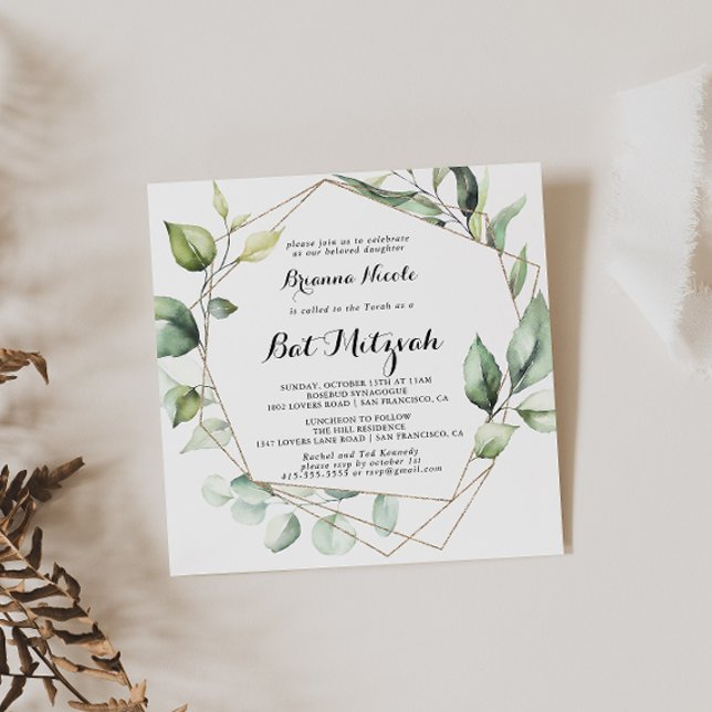 Convite Geométrico Elegante Dourado Greenery Bat Mitzvah (Criador carregado)