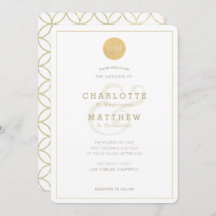 Convite Geométrico Elegante Dourado Monograma