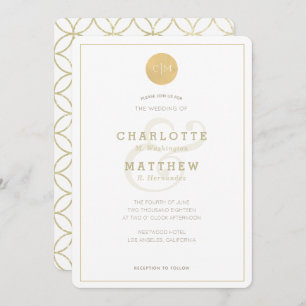 Convite Geométrico Elegante Dourado Monograma