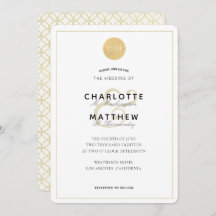 Convite Geométrico Elegante Dourado Monograma