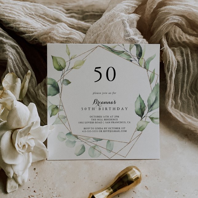 Convite Geométrico Elegante Dourado Verde 50ª Festa de ani (Criador carregado)