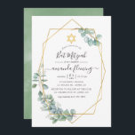 Convite Geométrico Eucalyptus Bat Mitzvah<br><div class="desc">Um convite de morcego mitzvah para o eucalipto verde da floresta com quadro geométrico dourado e tipografia elegante,  personalizável para suas especificidades de evento.</div>