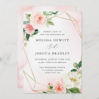 Convite Geométrico Floral Rosa e Dourado