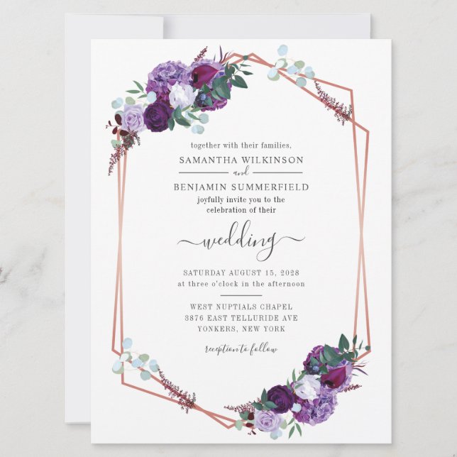 Convite Geométrico Floral Verde Botânico Casamento Roxo (Frente)