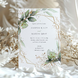 Convite Geométrico Greenery e Faux Dourado Wedding