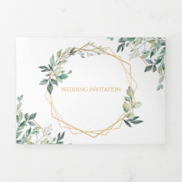 Convite Geométrico para Casamento com Folha Dourad